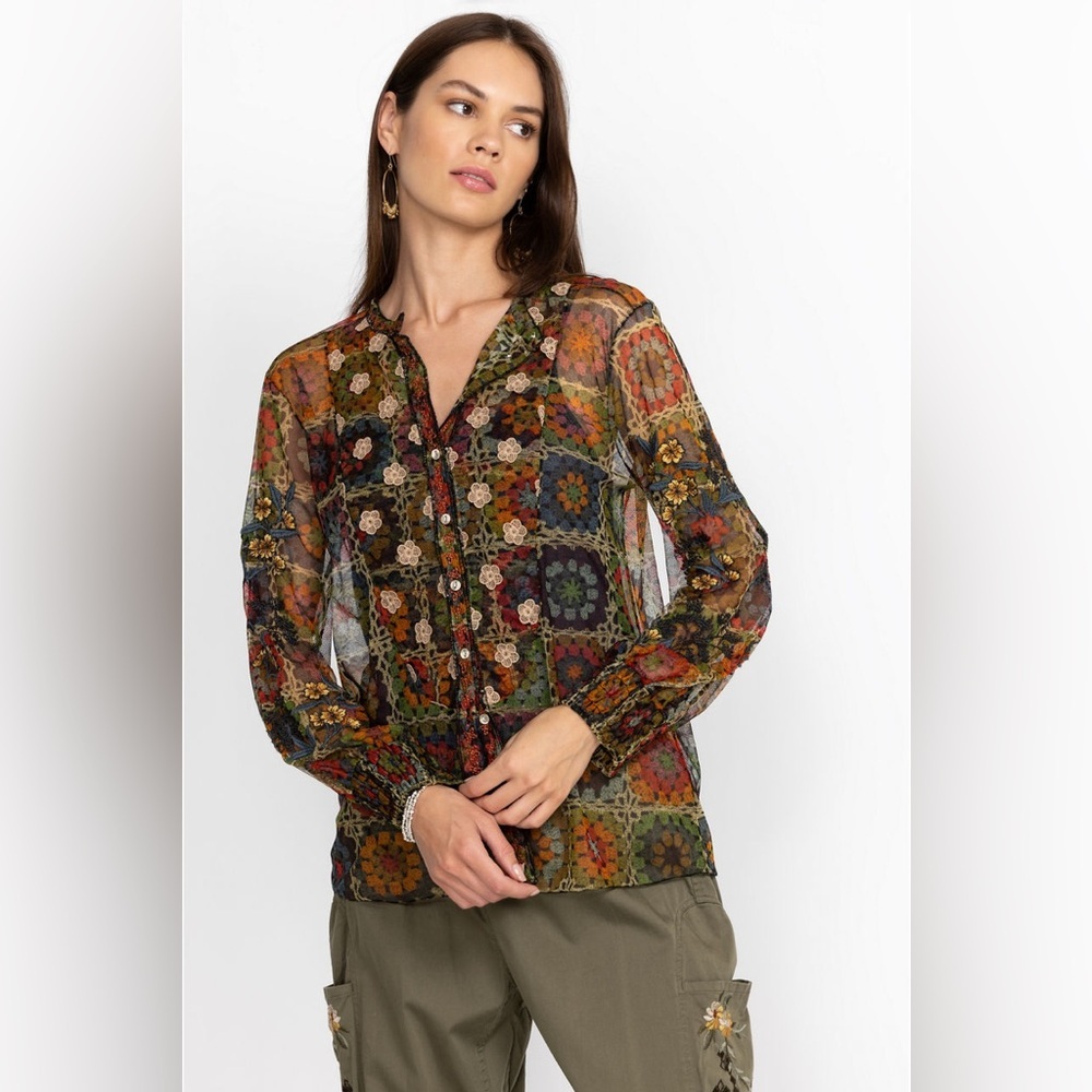 Johnny Was JWLA Flavie Mesh Blouse Crochet Patchwork Floral Sheer Top S